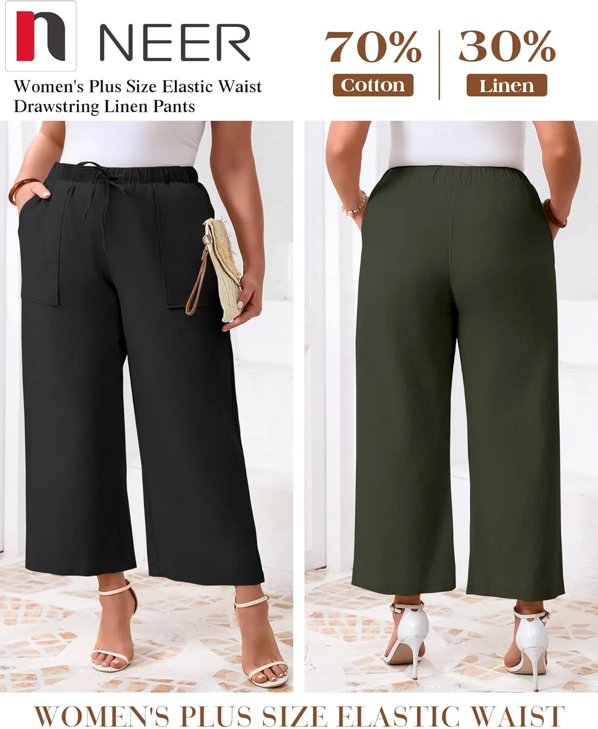 Neer 2 Pack Womens Plus Size Linen Pants, Casual Summer Beach Pants with Pocket Drawstring High Waisted Loose Trouser
