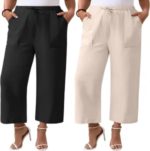 Neer 2 Pack Womens Plus Size Linen Pants, Casual Summer Beach Pants with Pocket Drawstring High Waisted Loose Trouser