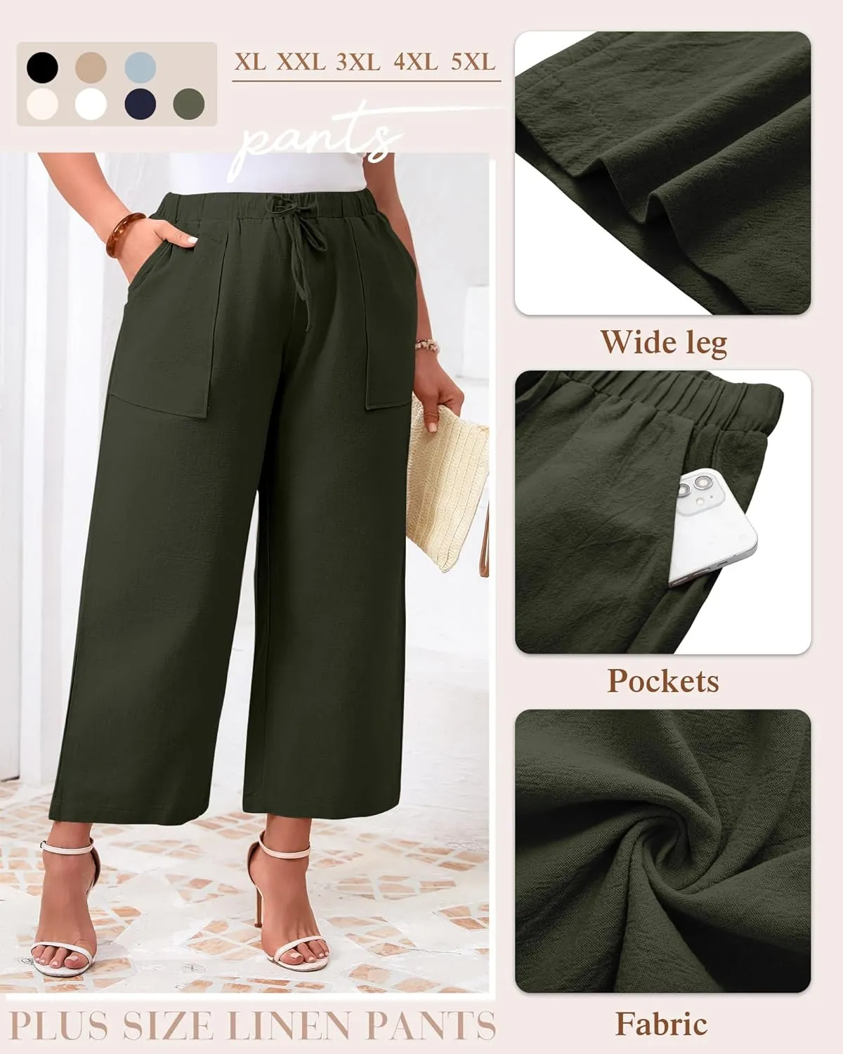Neer 2 Pack Womens Plus Size Linen Pants, Casual Summer Beach Pants with Pocket Drawstring High Waisted Loose Trouser