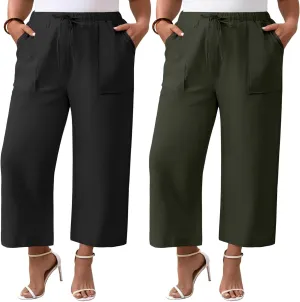 Neer 2 Pack Womens Plus Size Linen Pants, Casual Summer Beach Pants with Pocket Drawstring High Waisted Loose Trouser