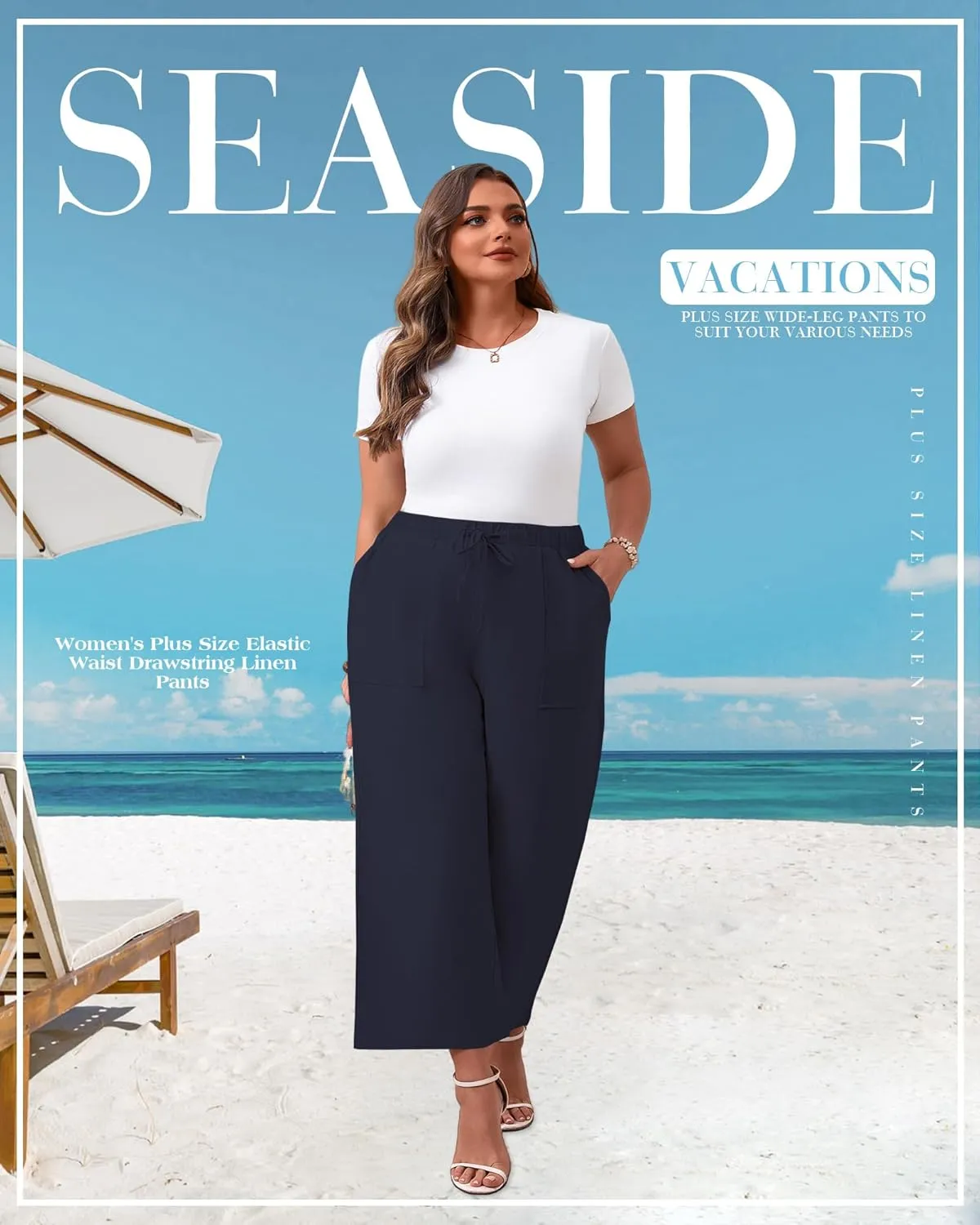 Neer 2 Pack Womens Plus Size Linen Pants, Casual Summer Beach Pants with Pocket Drawstring High Waisted Loose Trouser