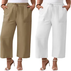 Neer 2 Pack Womens Plus Size Linen Pants, Casual Summer Beach Pants with Pocket Drawstring High Waisted Loose Trouser