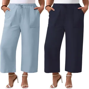 Neer 2 Pack Womens Plus Size Linen Pants, Casual Summer Beach Pants with Pocket Drawstring High Waisted Loose Trouser