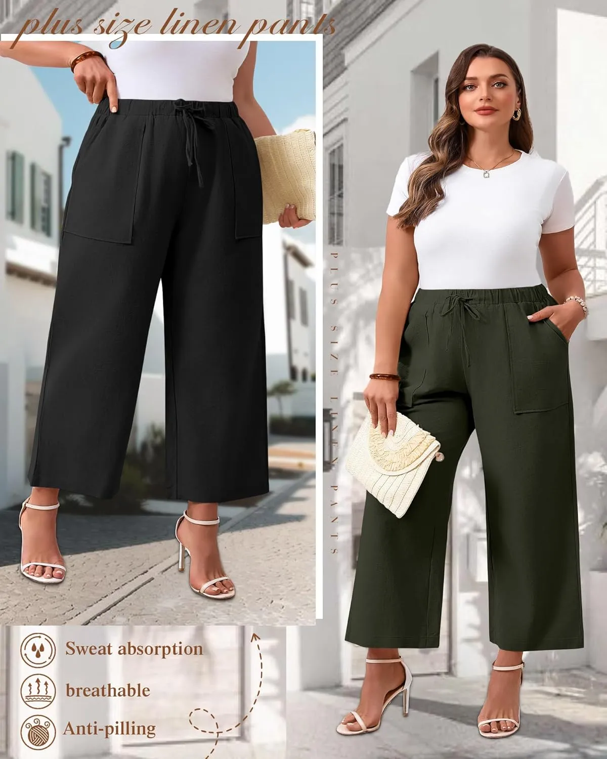 Neer 2 Pack Womens Plus Size Linen Pants, Casual Summer Beach Pants with Pocket Drawstring High Waisted Loose Trouser