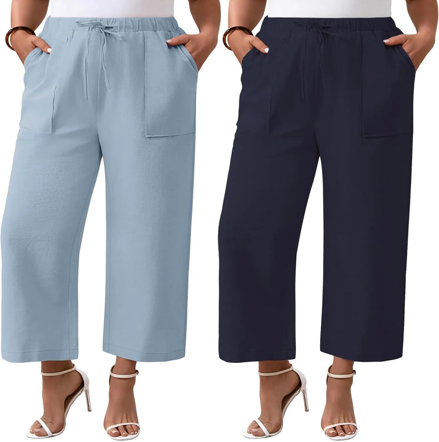 Neer 2 Pack Womens Plus Size Linen Pants, Casual Summer Beach Pants with Pocket Drawstring High Waisted Loose Trouser