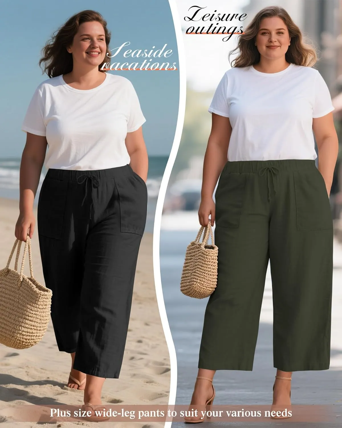 Neer 2 Pack Womens Plus Size Linen Pants, Casual Summer Beach Pants with Pocket Drawstring High Waisted Loose Trouser