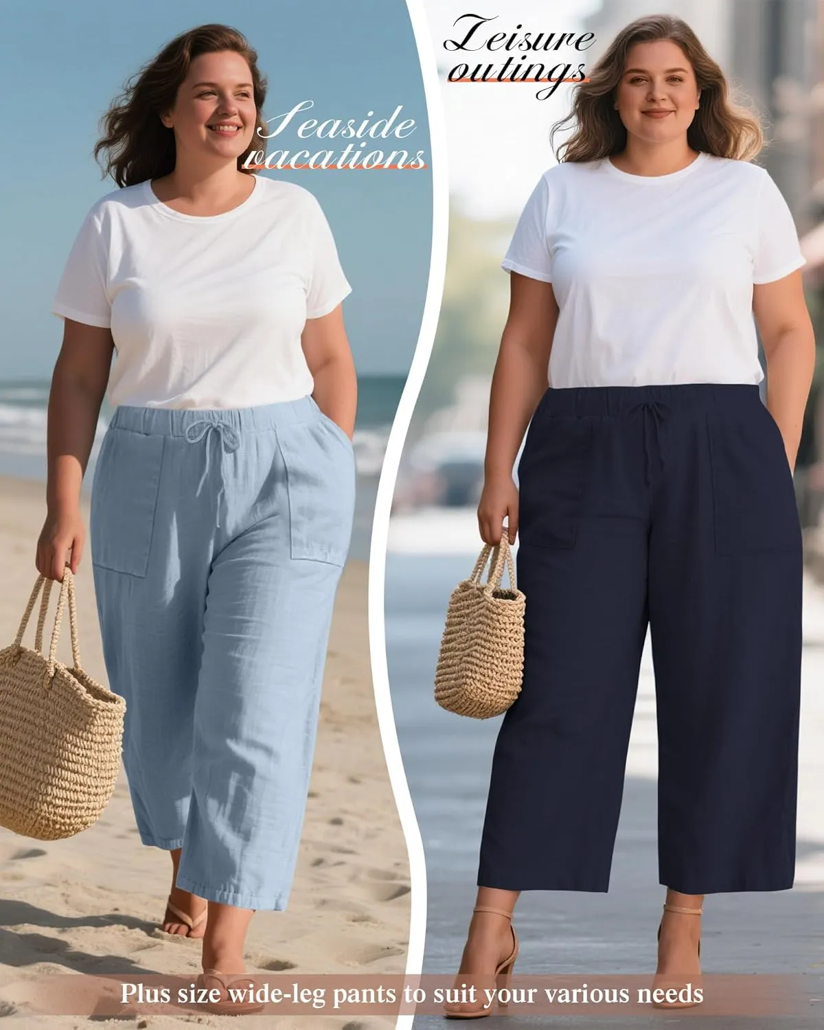 Neer 2 Pack Womens Plus Size Linen Pants, Casual Summer Beach Pants with Pocket Drawstring High Waisted Loose Trouser