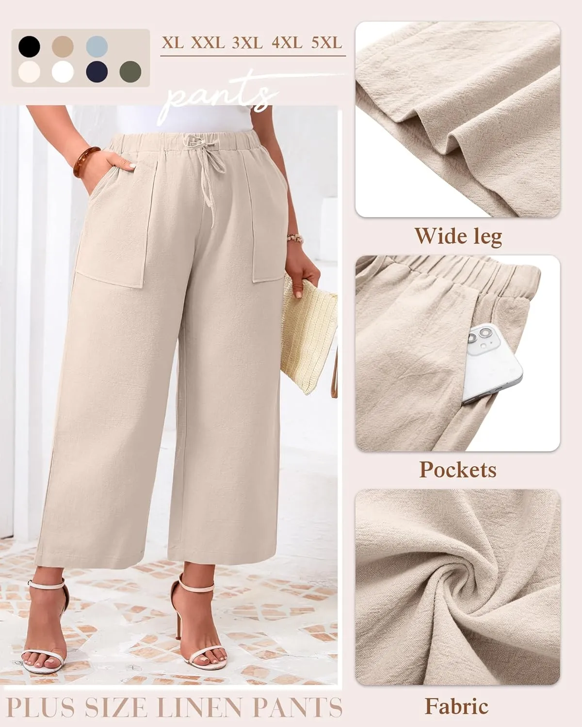 Neer 2 Pack Womens Plus Size Linen Pants, Casual Summer Beach Pants with Pocket Drawstring High Waisted Loose Trouser