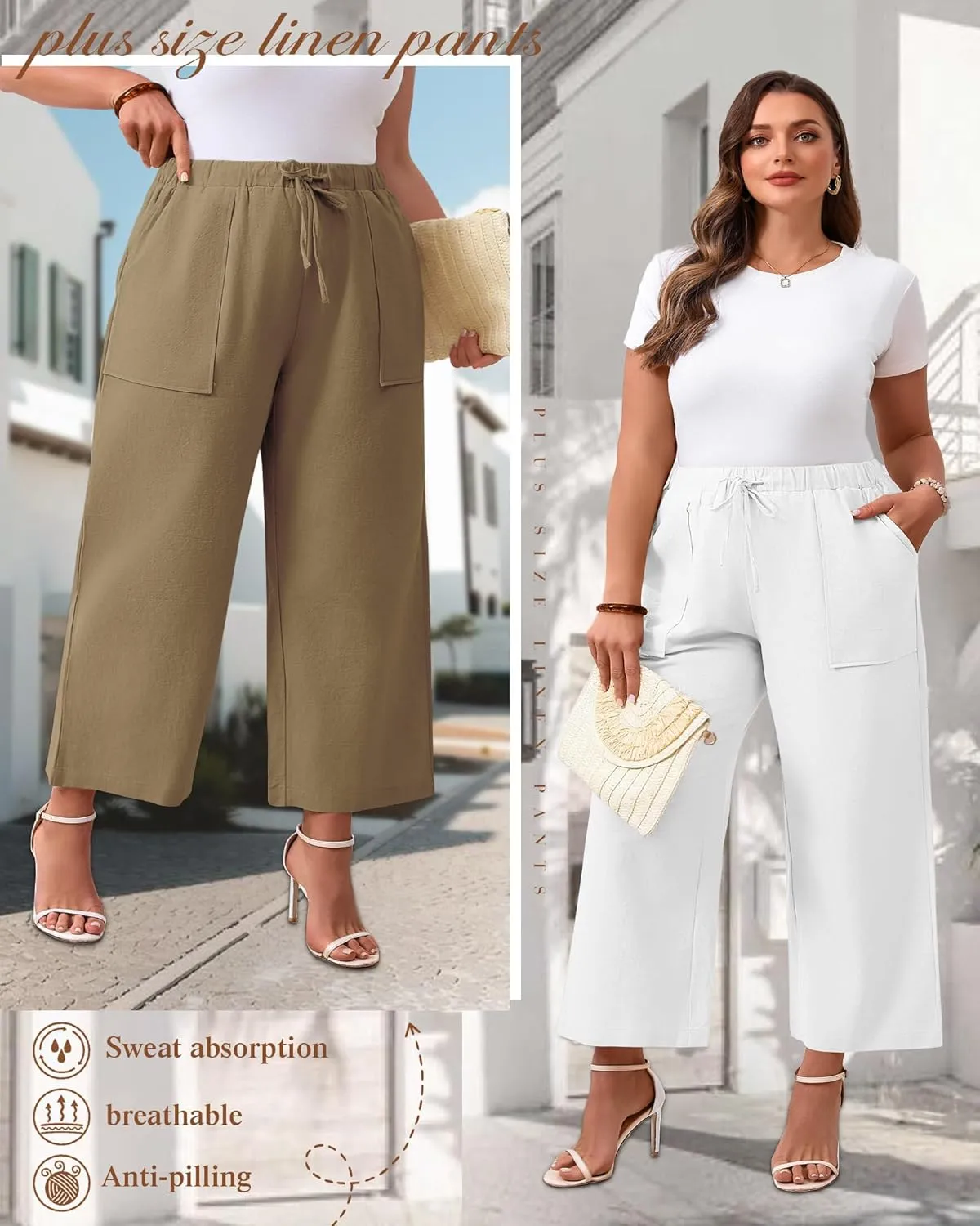 Neer 2 Pack Womens Plus Size Linen Pants, Casual Summer Beach Pants with Pocket Drawstring High Waisted Loose Trouser