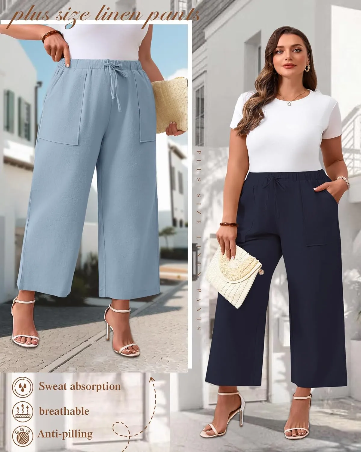 Neer 2 Pack Womens Plus Size Linen Pants, Casual Summer Beach Pants with Pocket Drawstring High Waisted Loose Trouser
