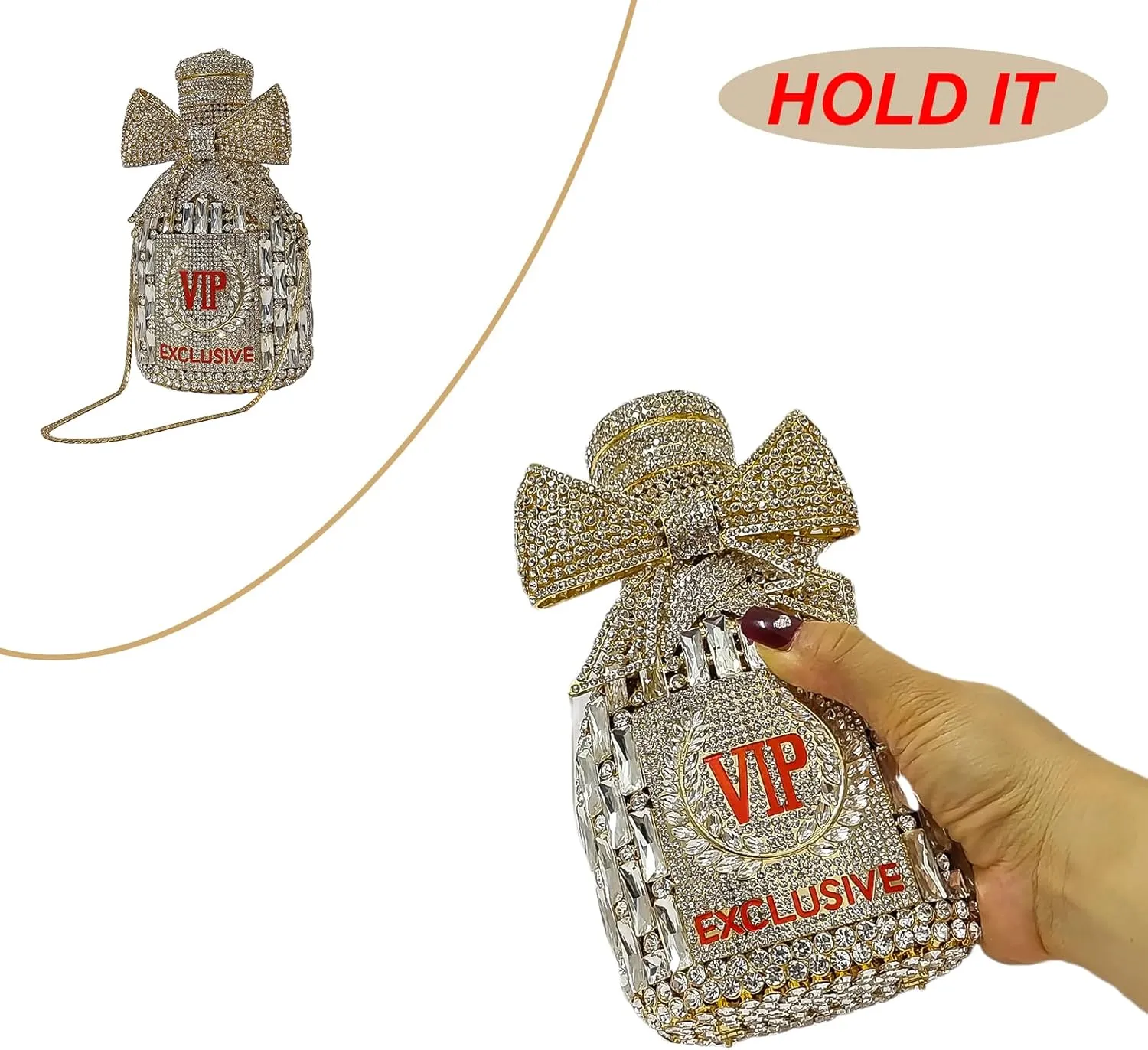 Novelty Champagne Bottle Evening Bag Rhinestone Clutch with Bowknot Women Purse Party Cocktail Crystal Handbag