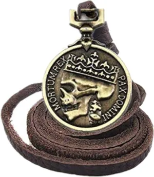 ODETOJOY Classic Skeleton Brown Genuine Leather Pendant Necklace Skull Steampunk Chunky Pendants Jewelry for Men Choker