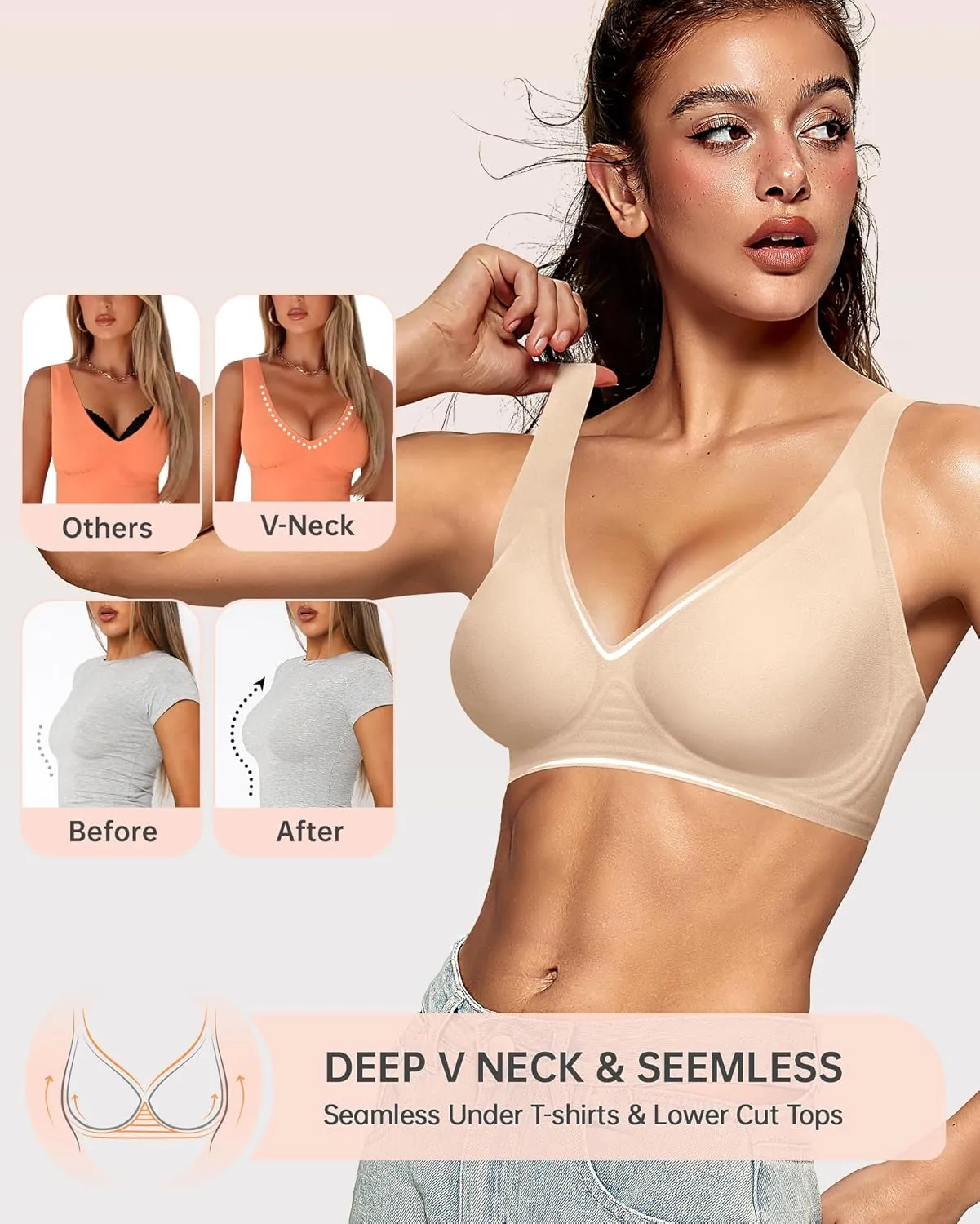 OEAK Womens Deep V Bras Wireless Comfortable Bra Supportive No Underwire Bras Tshirt Push Up Bralettes Plunge Seamless Bra