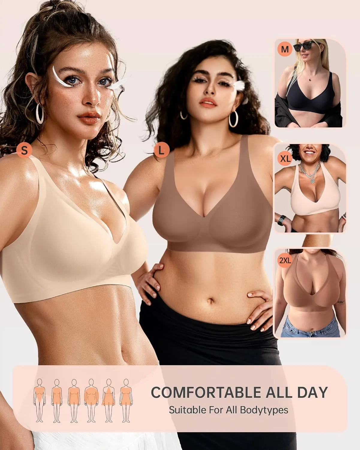 OEAK Womens Deep V Bras Wireless Comfortable Bra Supportive No Underwire Bras Tshirt Push Up Bralettes Plunge Seamless Bra