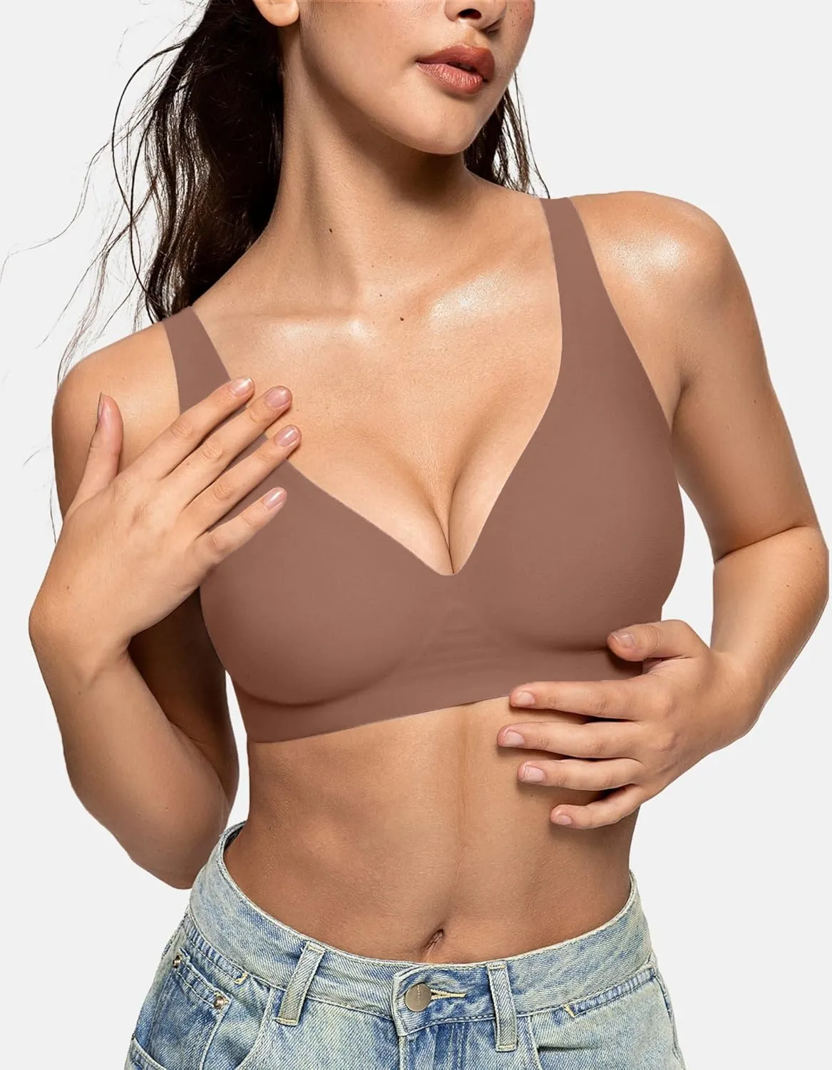 OEAK Womens Deep V Bras Wireless Comfortable Bra Supportive No Underwire Bras Tshirt Push Up Bralettes Plunge Seamless Bra
