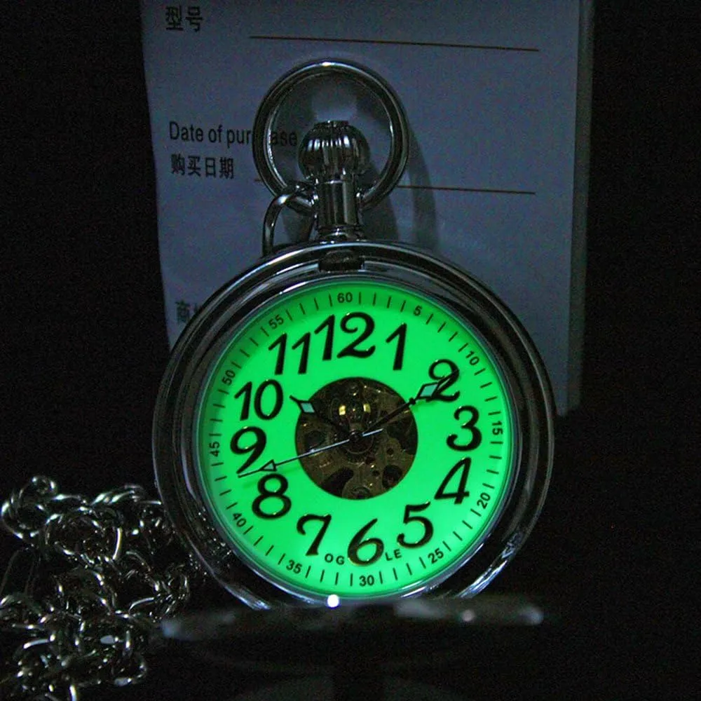 OGLE Waterproof Silver Magnifier Tourbillon Phases Moon Chain Fob Self Winding Automatic Skeleton Half Hunters Mechanical Pocket Watch