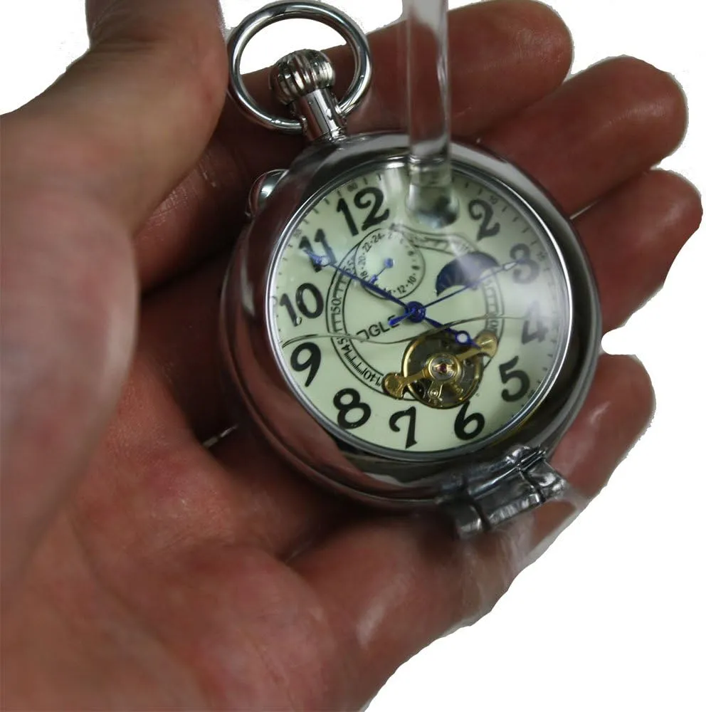 OGLE Waterproof Silver Magnifier Tourbillon Phases Moon Chain Fob Self Winding Automatic Skeleton Half Hunters Mechanical Pocket Watch