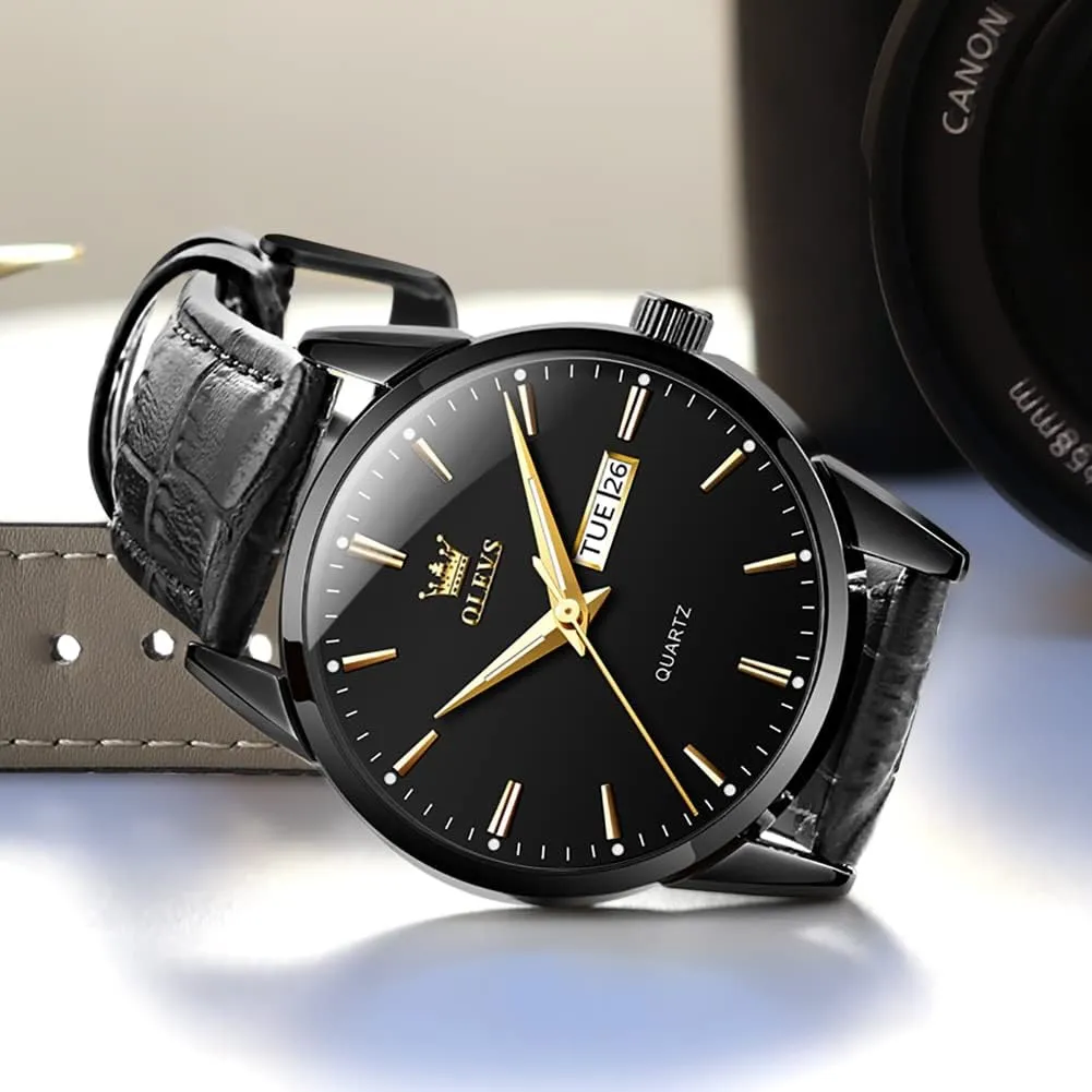 OLEVS Watch for Men Chronograph Brown Leather Gold Case Analog Quartz Fashion Business Dress Large Face Men Watch Day Date Luminous Waterproof Casual Male Wrist Watch Black/Blue/White Dial