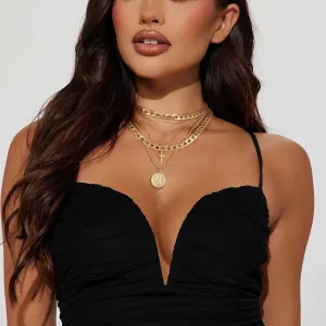 O'rengela Layered Chain Necklace with Cross and Coin Pendants, Gold-Tone, Chunky Choker Link Chain