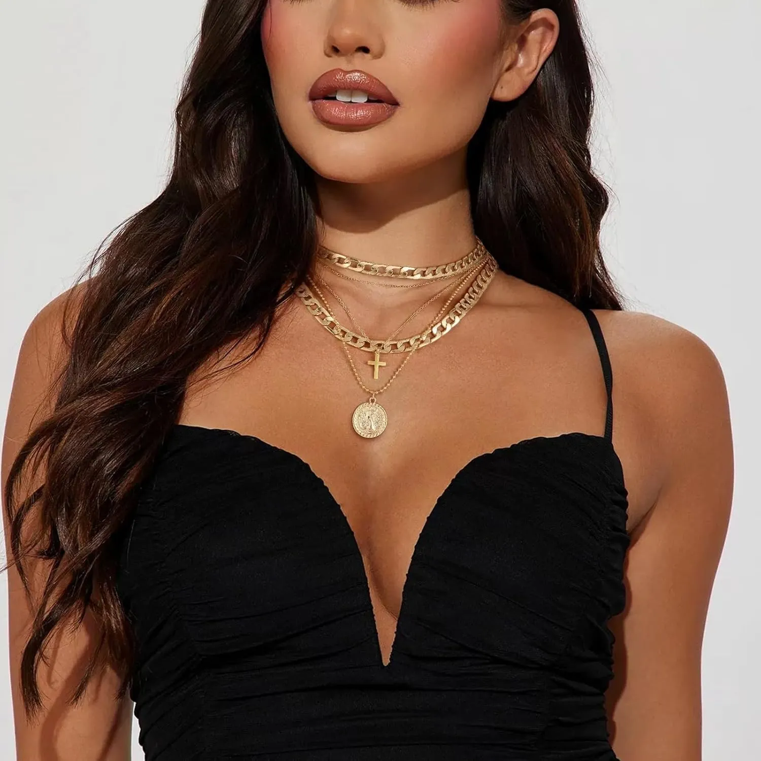 O'rengela Layered Chain Necklace with Cross and Coin Pendants, Gold-Tone, Chunky Choker Link Chain