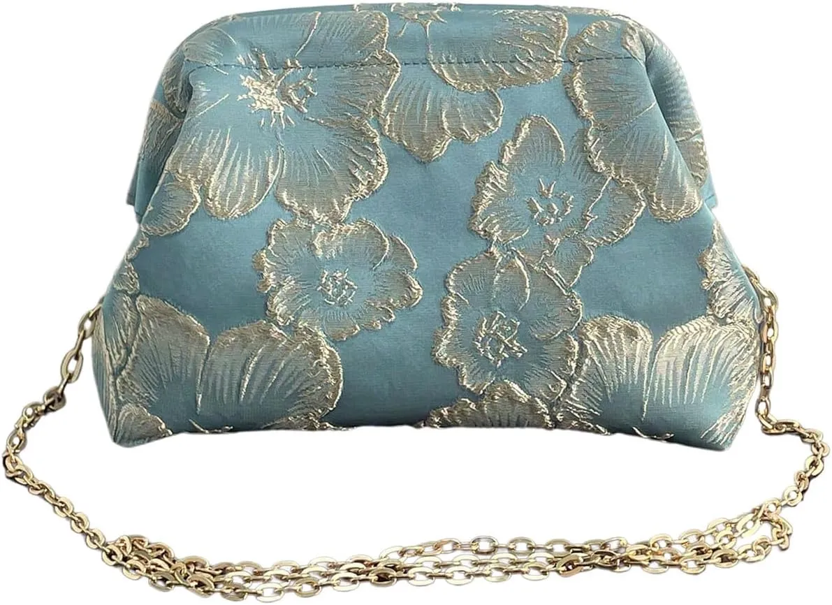 OYOANGLE Women's Flower Embroidery Clutch Purse Kiss Lock Shoulder Bags Evening Handbag