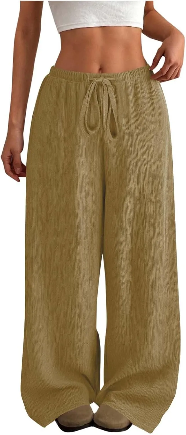 Pants for Women Baggy Elastic High Waist Athletic Jogging Pants Drawstring Loose Casual Palazzo Trousers with Pockets