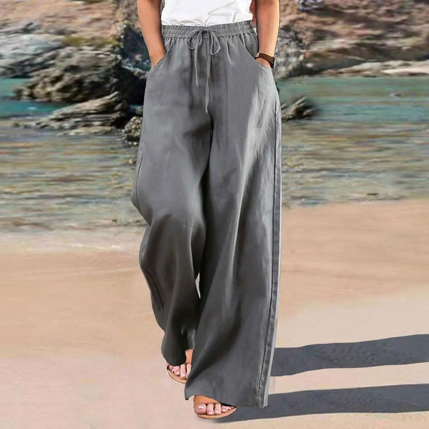 Pants for Women Casual Elastic Waist Drawstring Pants Straight Wide Leg High Waisted with Pockets Lightweight Trousers