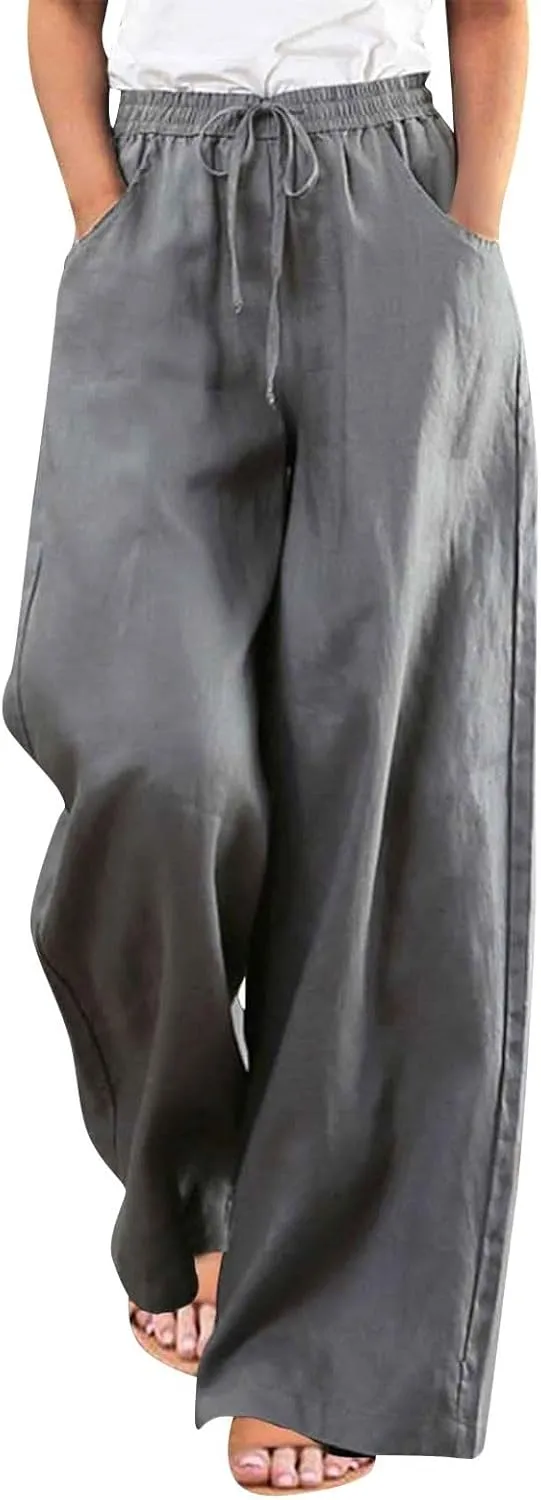 Pants for Women Casual Elastic Waist Drawstring Pants Straight Wide Leg High Waisted with Pockets Lightweight Trousers