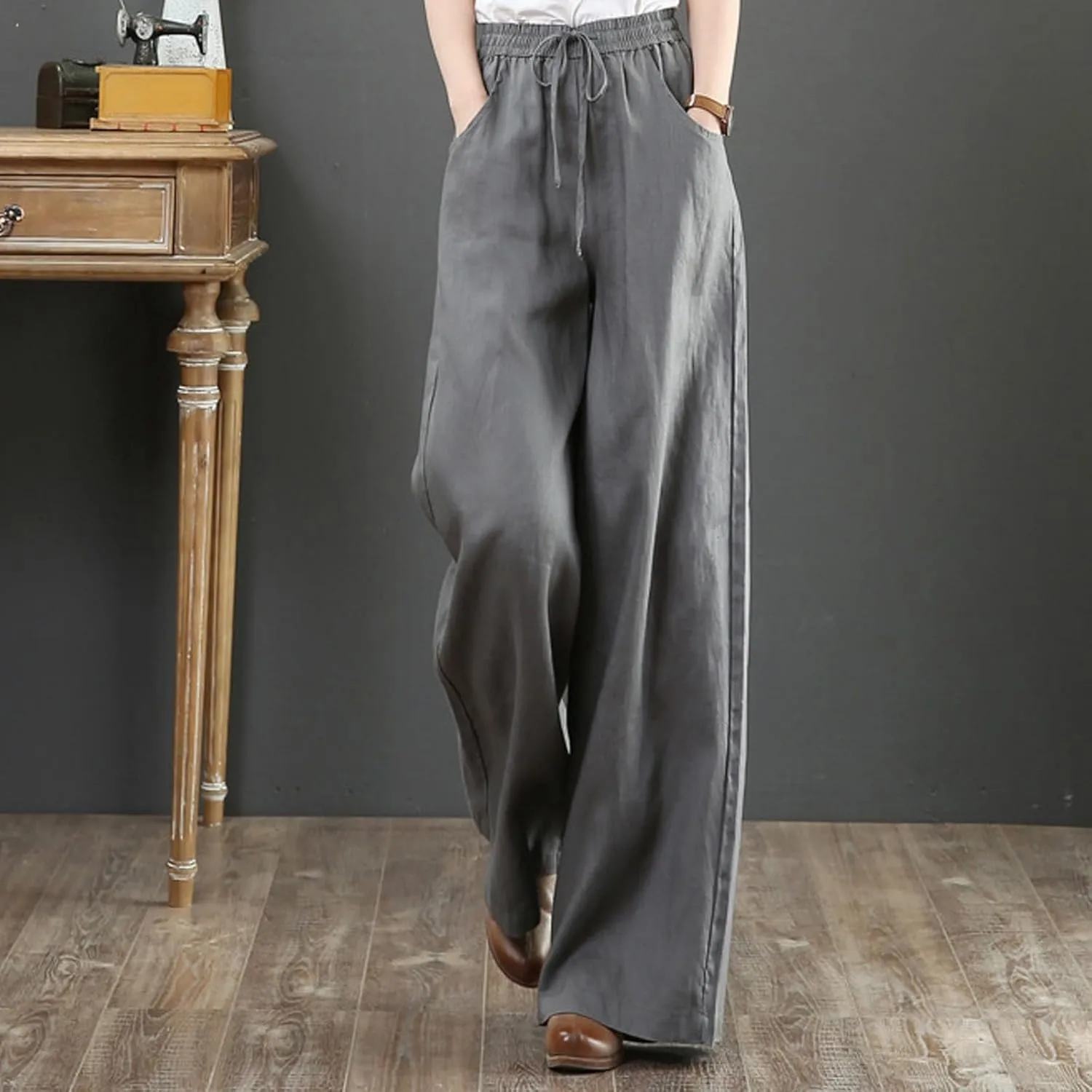 Pants for Women Casual Elastic Waist Drawstring Pants Straight Wide Leg High Waisted with Pockets Lightweight Trousers