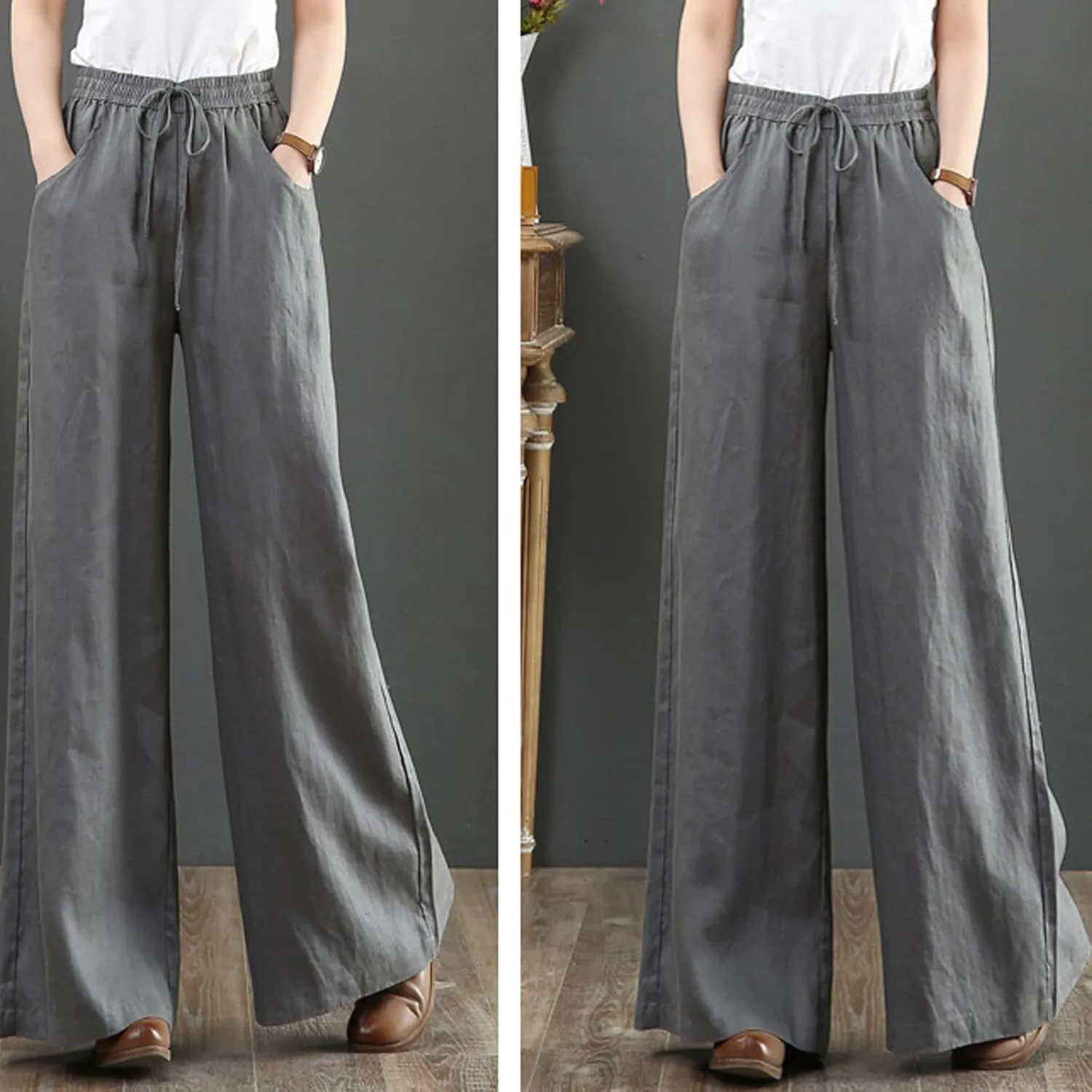 Pants for Women Casual Elastic Waist Drawstring Pants Straight Wide Leg High Waisted with Pockets Lightweight Trousers