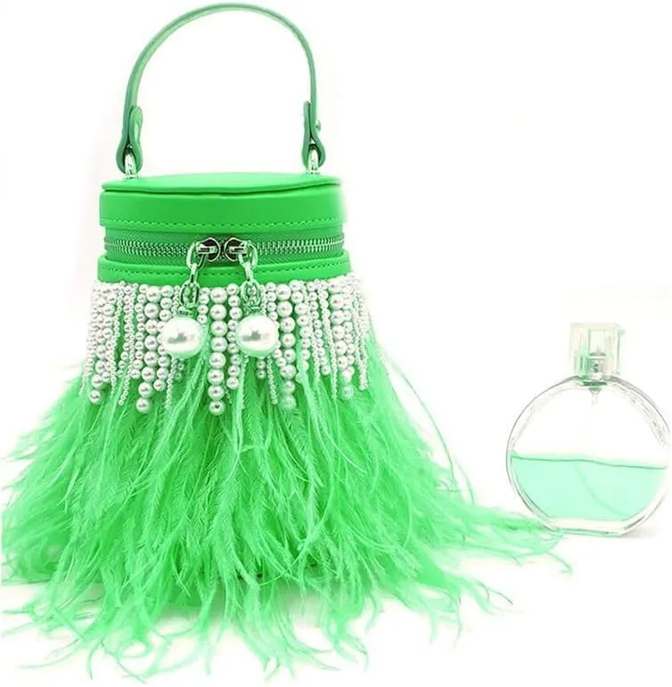 Pearl Purses for Women Feather Clutch Purse and Handbag Ostrich Feather Shoulder Evening Dress Purse for Party Green