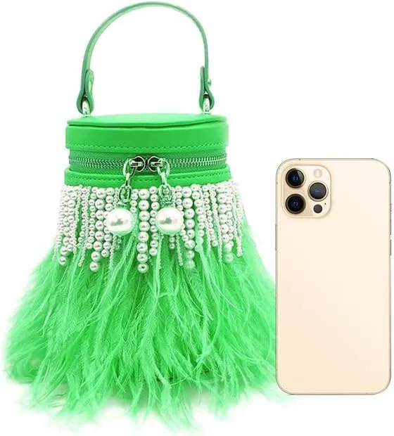 Pearl Purses for Women Feather Clutch Purse and Handbag Ostrich Feather Shoulder Evening Dress Purse for Party Green