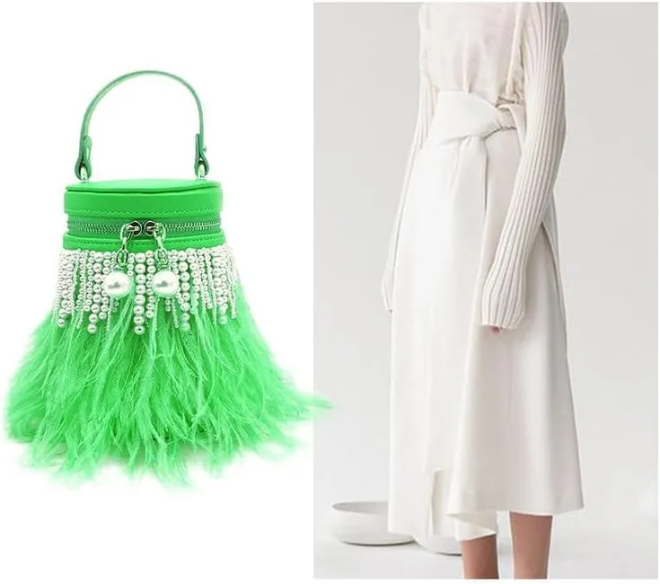 Pearl Purses for Women Feather Clutch Purse and Handbag Ostrich Feather Shoulder Evening Dress Purse for Party Green