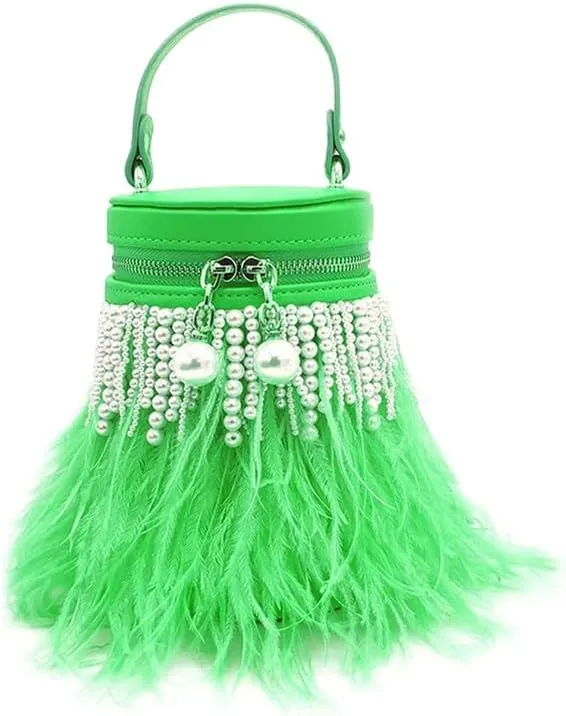 Pearl Purses for Women Feather Clutch Purse and Handbag Ostrich Feather Shoulder Evening Dress Purse for Party Green