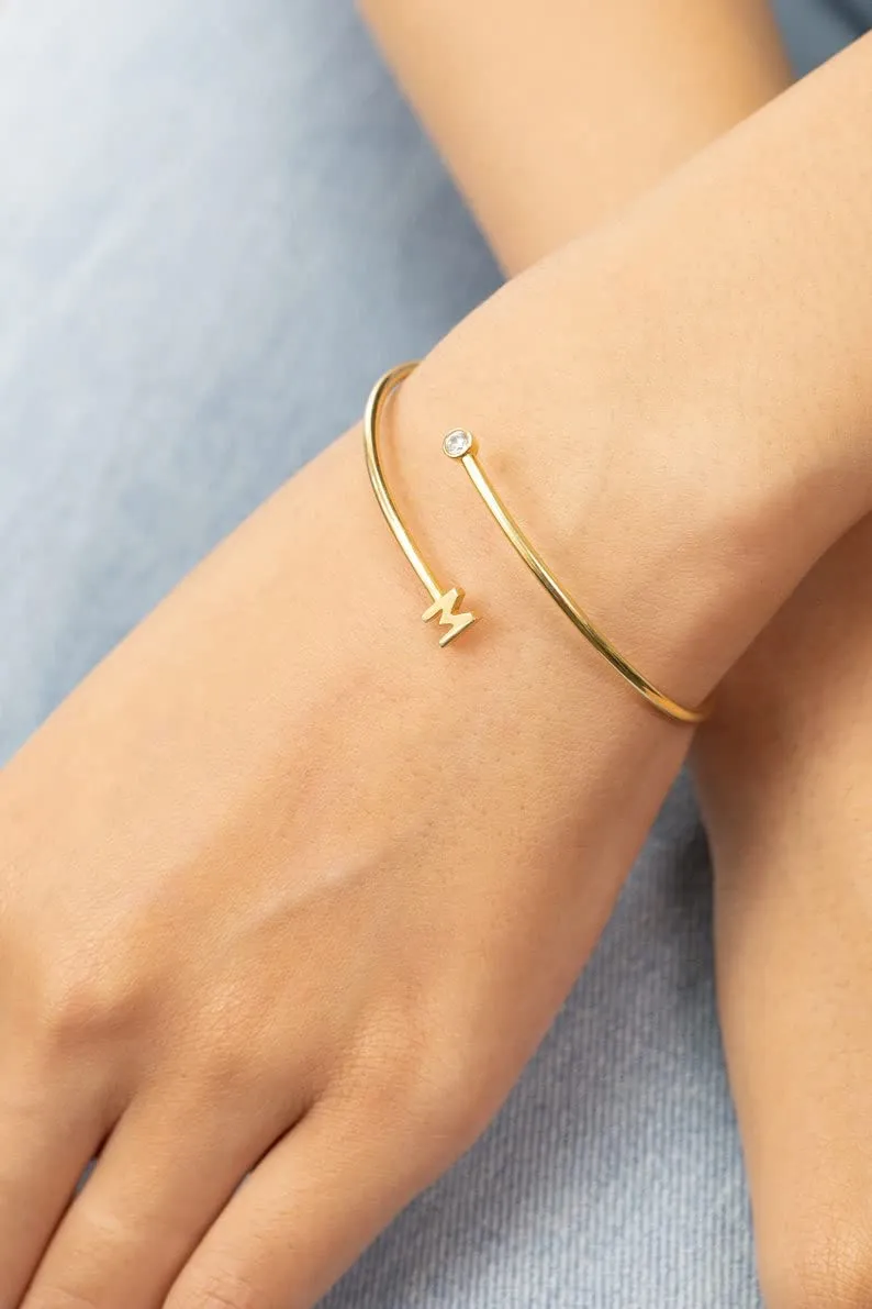 Personalized Initial Bangle Bracelets, Sterling Silver Adjustable Bracelets, Custom Bracelets Gift for Women (Rose Gold Plated)