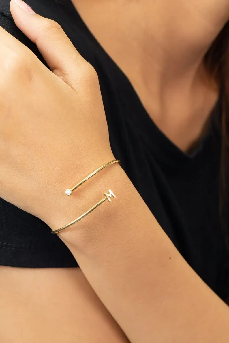 Personalized Initial Bangle Bracelets, Sterling Silver Adjustable Bracelets, Custom Bracelets Gift for Women (Rose Gold Plated)