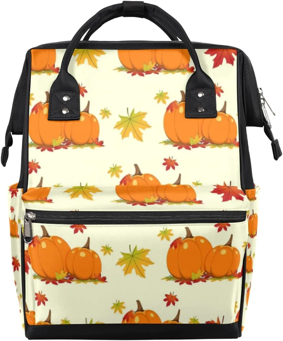 Pumpkins Fall Maple Leaves Diaper Bag Tote Large Capacity Waterproof with Adjustable Shoulder Strap and Pram Straps Mommy Bag for Hospital Beach Weekender Travel