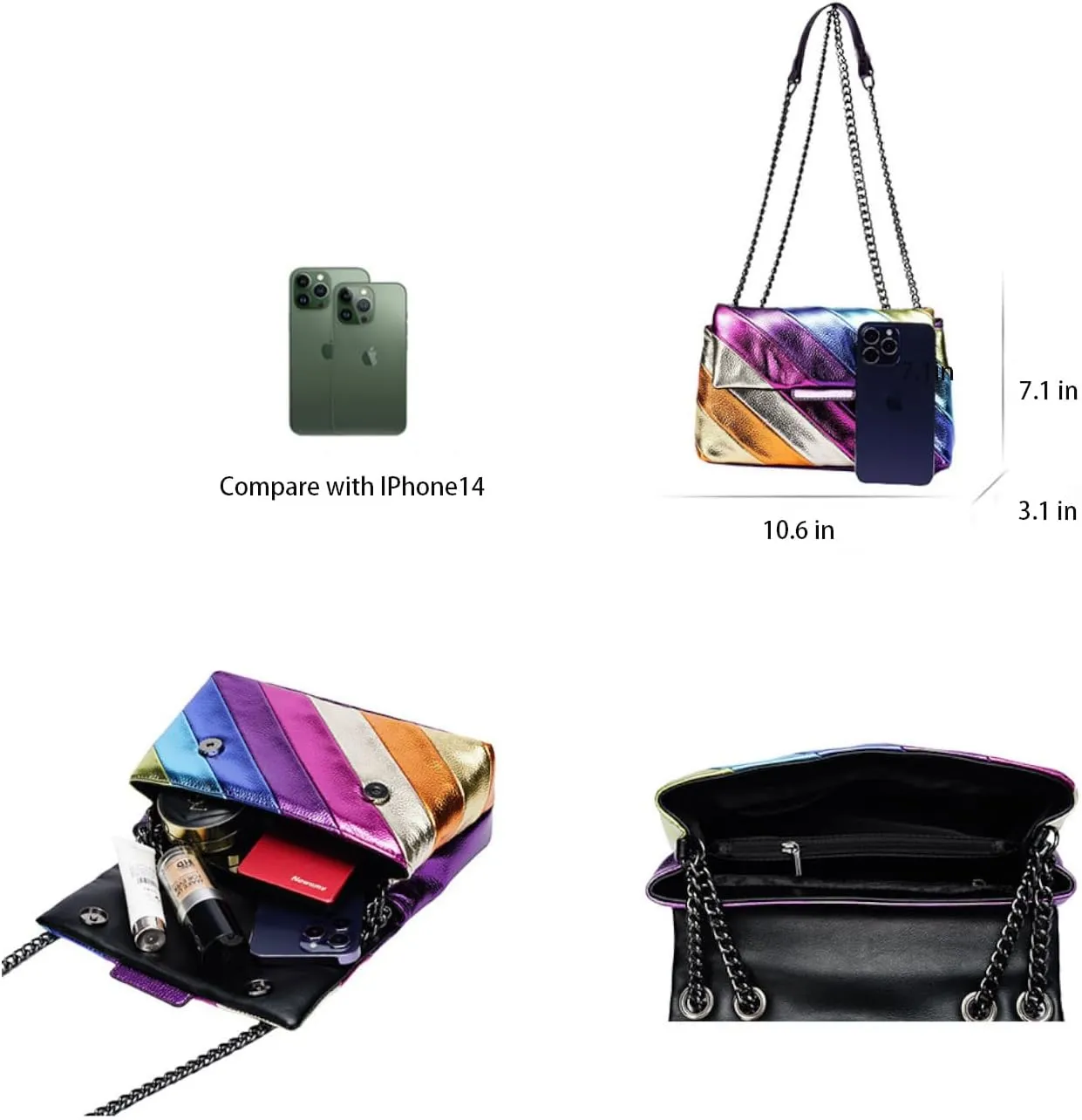 Rainbow Stripe Crossbody Bag For Women Handbag Purse - Contrast Color Stitching PU Leather with Chain Strap