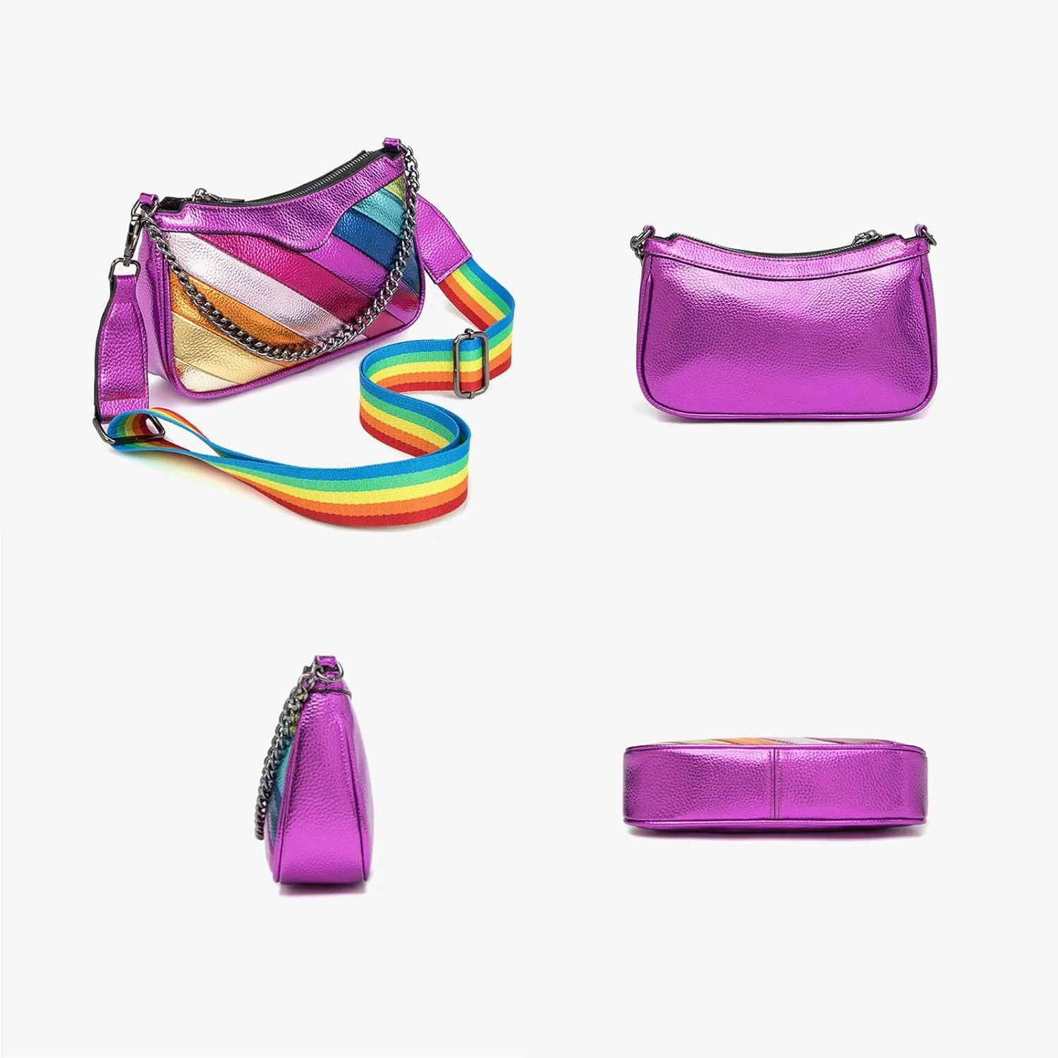 Rainbow Stripe Crossbody Bag For Women Handbag Purse - Contrast Color Stitching PU Leather with Chain Strap