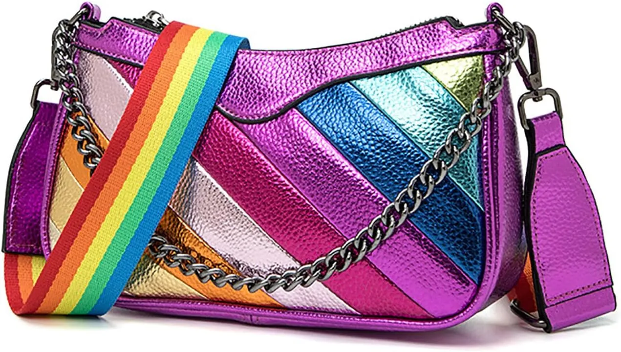 Rainbow Stripe Crossbody Bag For Women Handbag Purse - Contrast Color Stitching PU Leather with Chain Strap