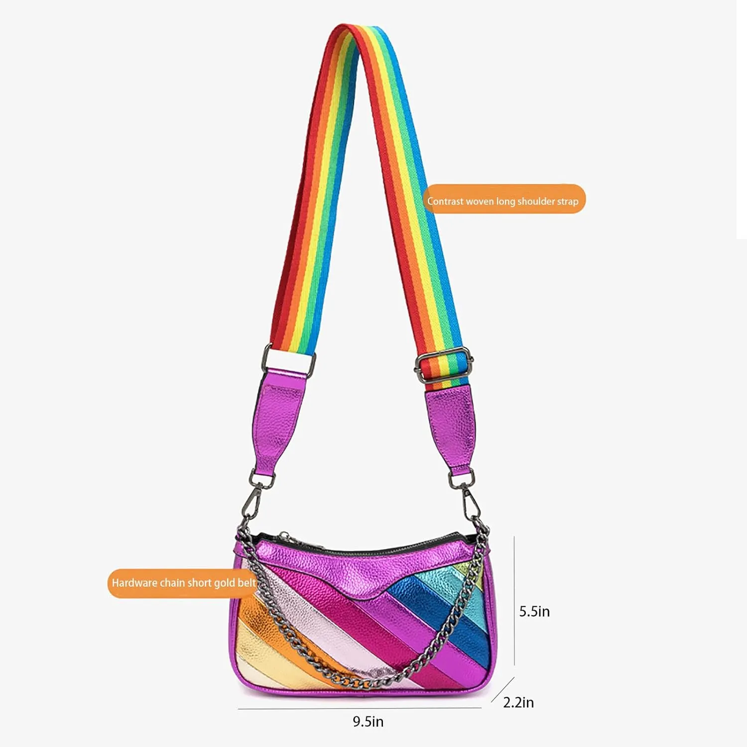 Rainbow Stripe Crossbody Bag For Women Handbag Purse - Contrast Color Stitching PU Leather with Chain Strap