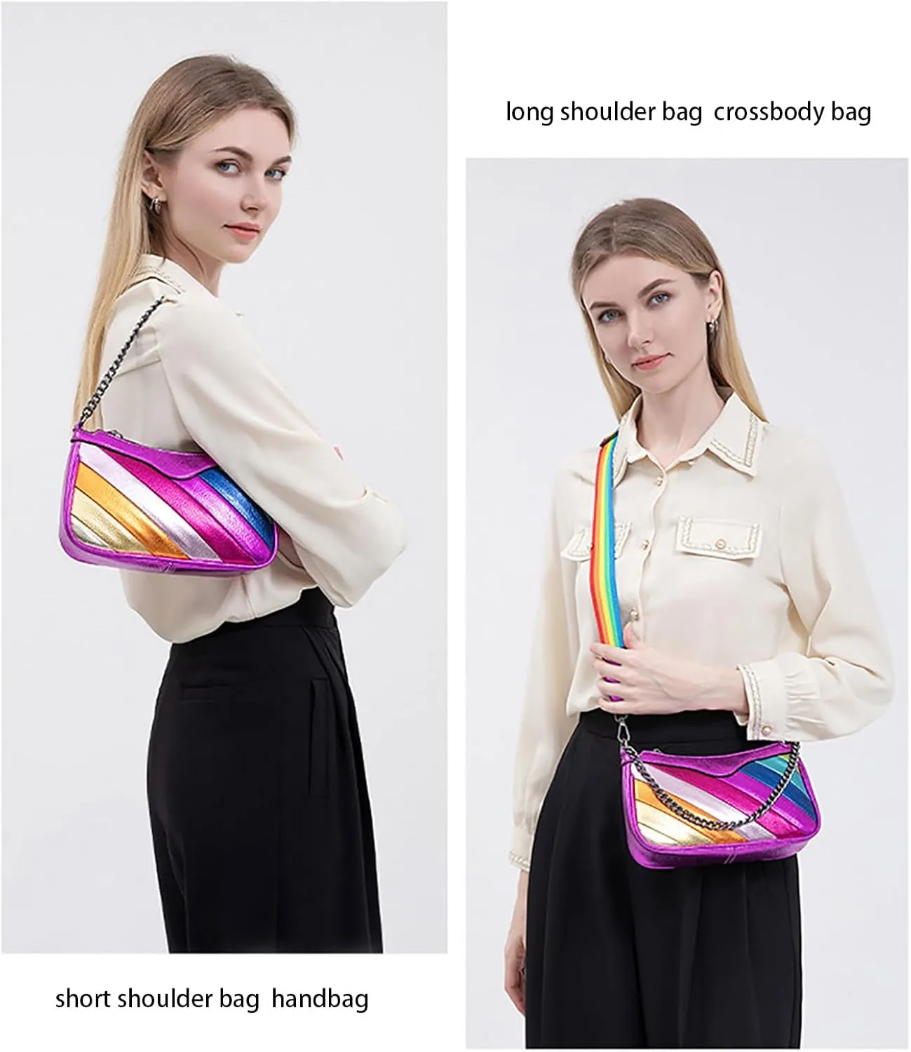 Rainbow Stripe Crossbody Bag For Women Handbag Purse - Contrast Color Stitching PU Leather with Chain Strap