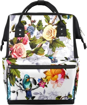 Retro Flowers Birds Diaper Bag Tote Large Capacity Waterproof with Adjustable Shoulder Strap and Pram Straps Mommy Bag for Hospital Beach Weekender Travel