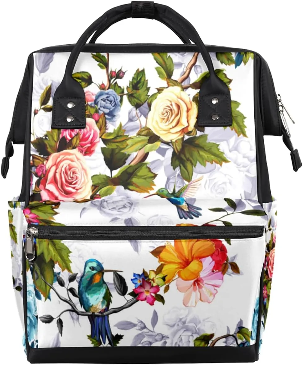 Retro Flowers Birds Diaper Bag Tote Large Capacity Waterproof with Adjustable Shoulder Strap and Pram Straps Mommy Bag for Hospital Beach Weekender Travel