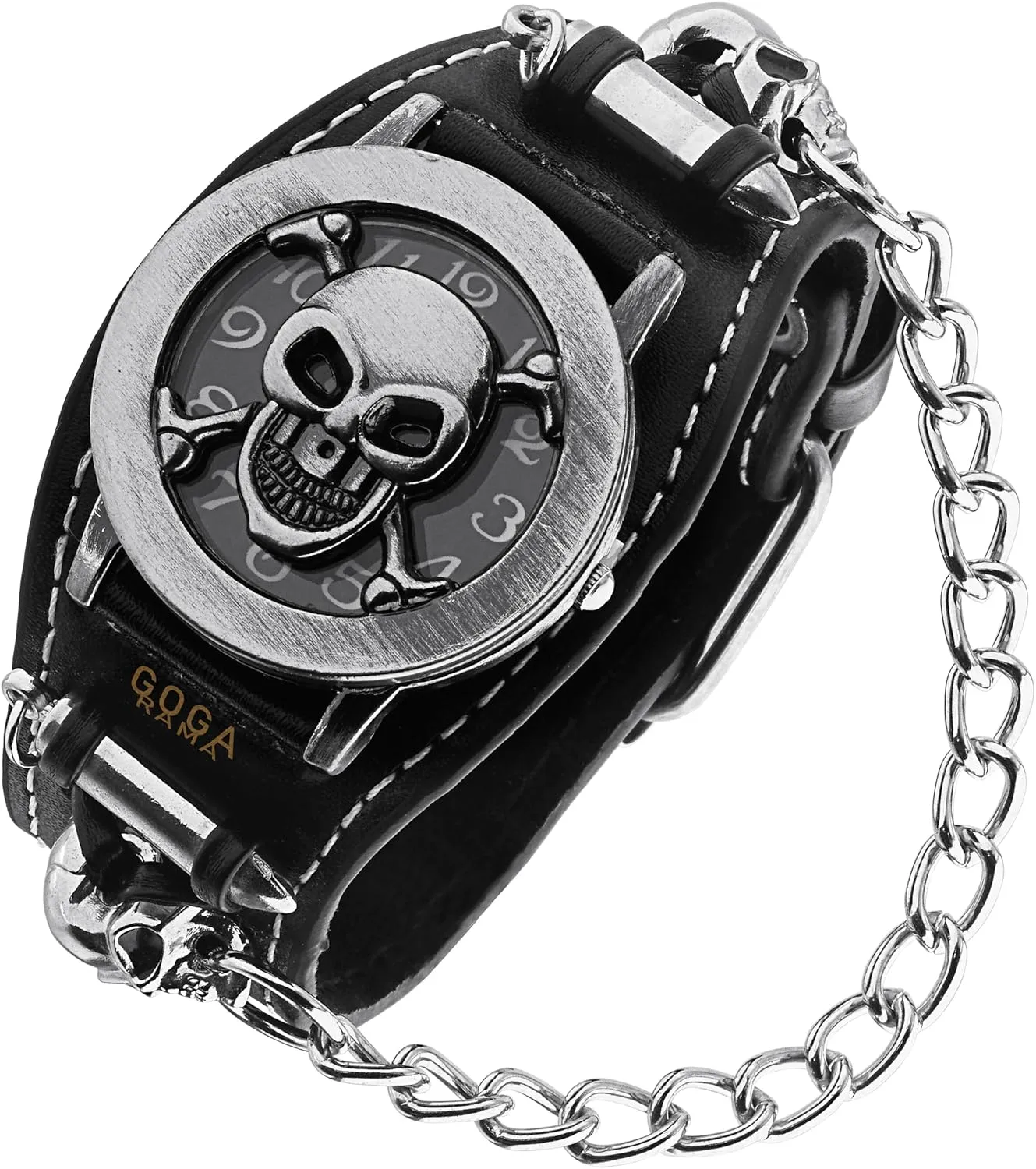 Rock&Leather Punk Skull Quartz Men's Wrist Watch,Fashion Flip Cover Women's Wrist Watch,Chains Stainless Steel Rivets Elements, Christmas Gift