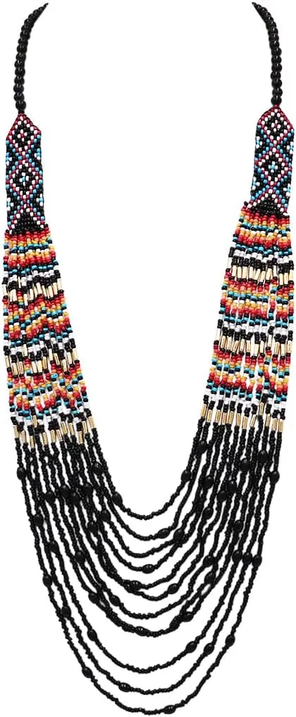 Rosemarie & Jubalee Women's Colorful Peyote Stitch Style Multi-Strand Seed Bead Statement Long Bohemian Necklace, 30" 3" Extender