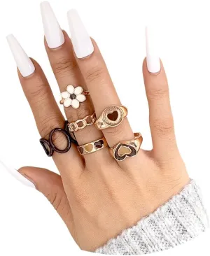 Rrdaily Boho Gold Stackable Knuckle Ring Set for Women Teen Girls Chunky Y2k Geometric Heart Flower Rings Joint Finger Stacking Nail Rings Jewelry Gift