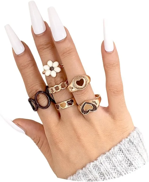 Rrdaily Boho Gold Stackable Knuckle Ring Set for Women Teen Girls Chunky Y2k Geometric Heart Flower Rings Joint Finger Stacking Nail Rings Jewelry Gift