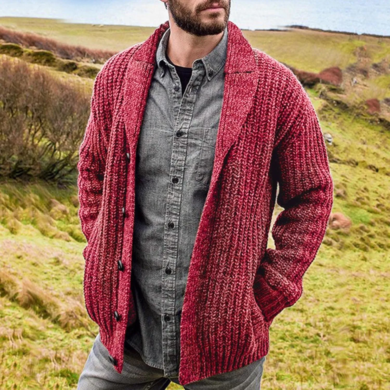 RTRDE Mens Dress Sweater Casual Long Sleeve Shawl Collar Buttons Down Cable Knit Cardigan Sweater Mens, XXL-5XL