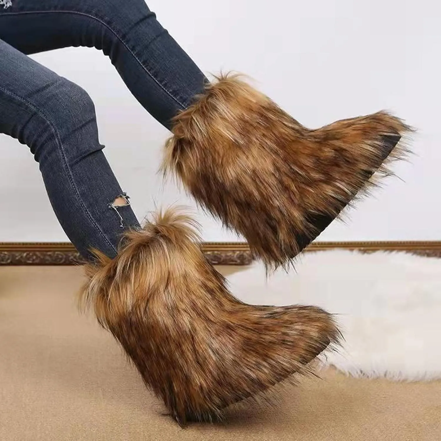 SACFOF Women's Faux Fur Boot Fashion Furry Fluffy Round Toe Mid Calf Snow Winter Boots Comfy Plush Warm Short Outdoor Indoor Flat Shoes